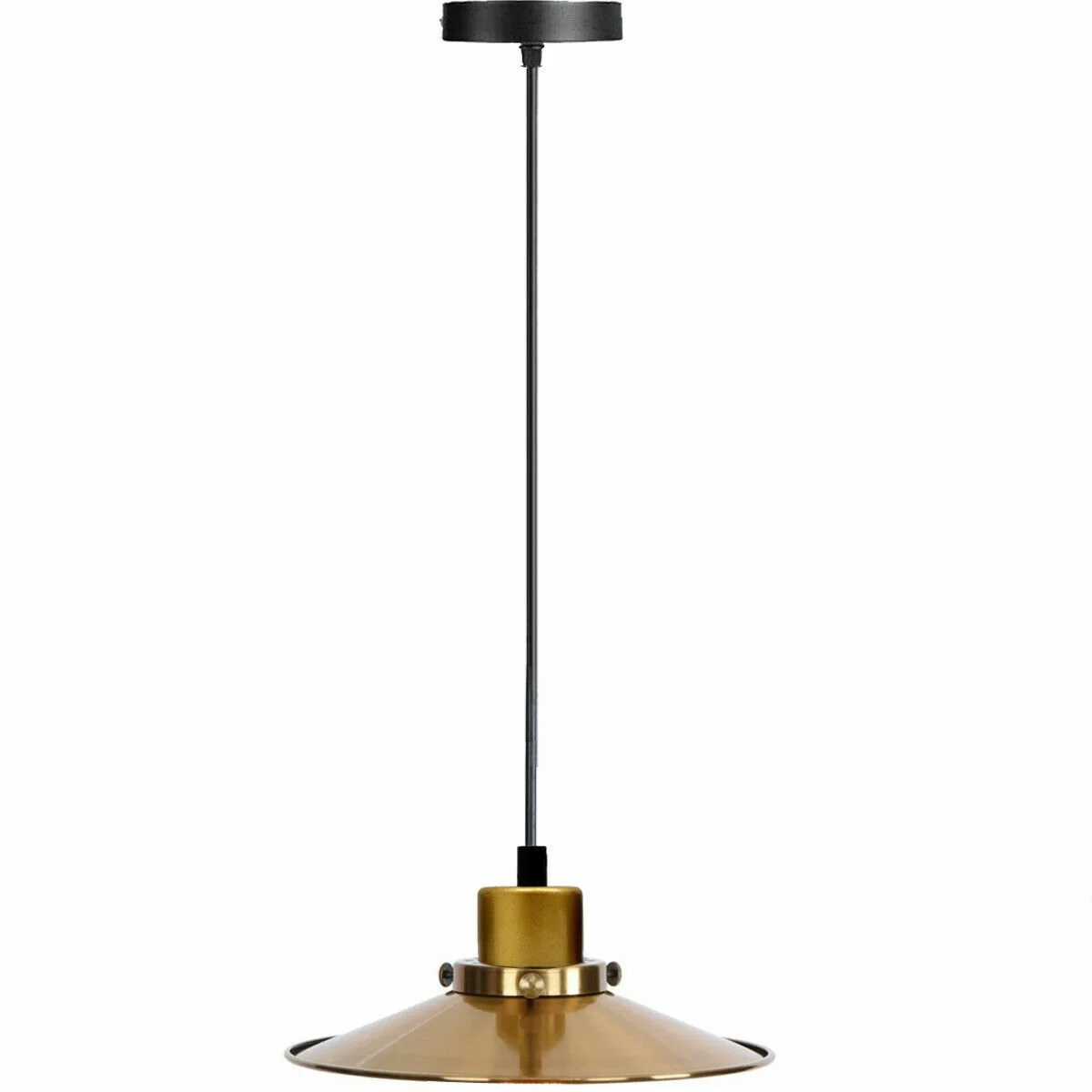 Vintage pendant light with matte black iron shade and brushed brass E27 lamp holder hanging from adjustable cable