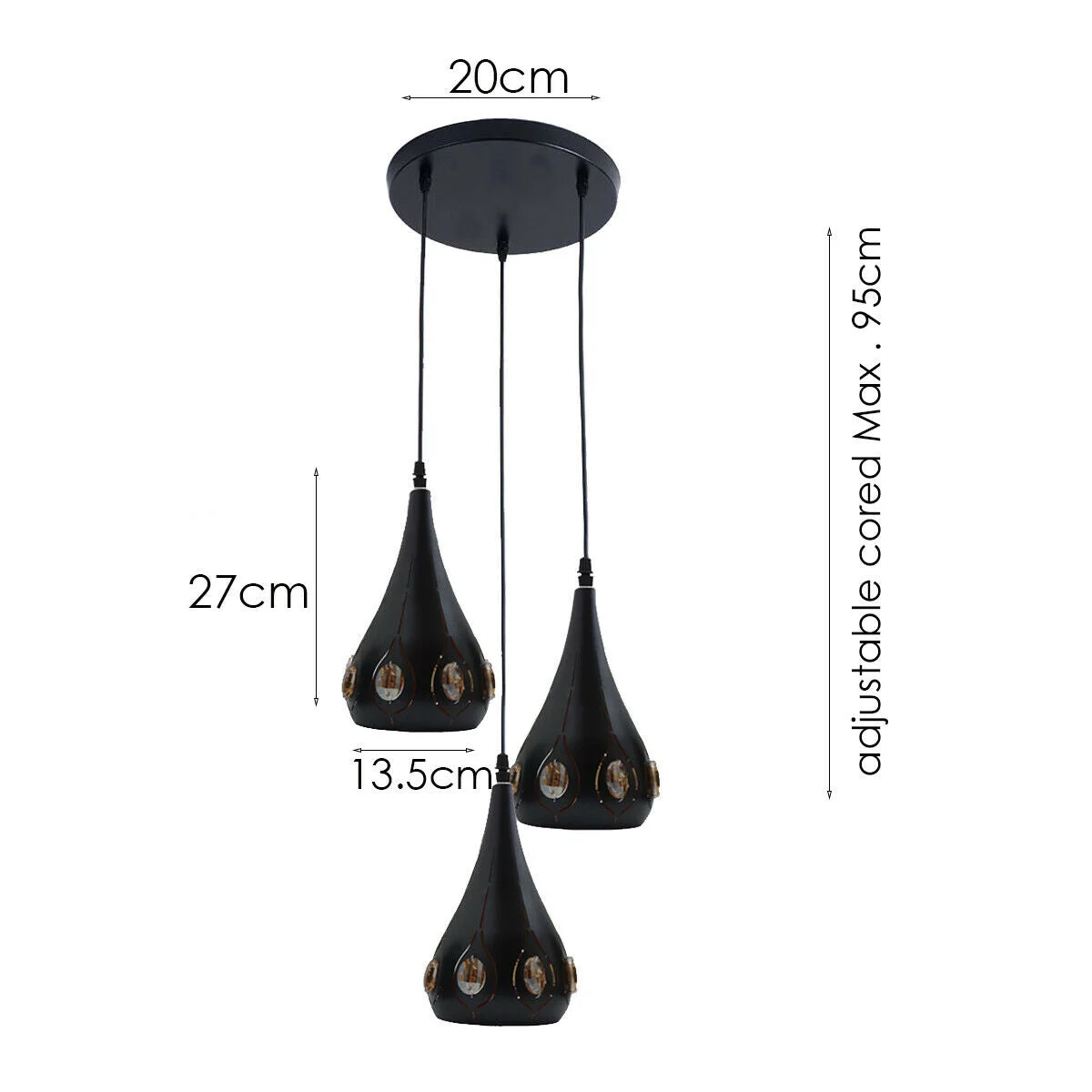Matt black industrial cage pendant light with adjustable cable hanging over a wooden dining table in a modern room