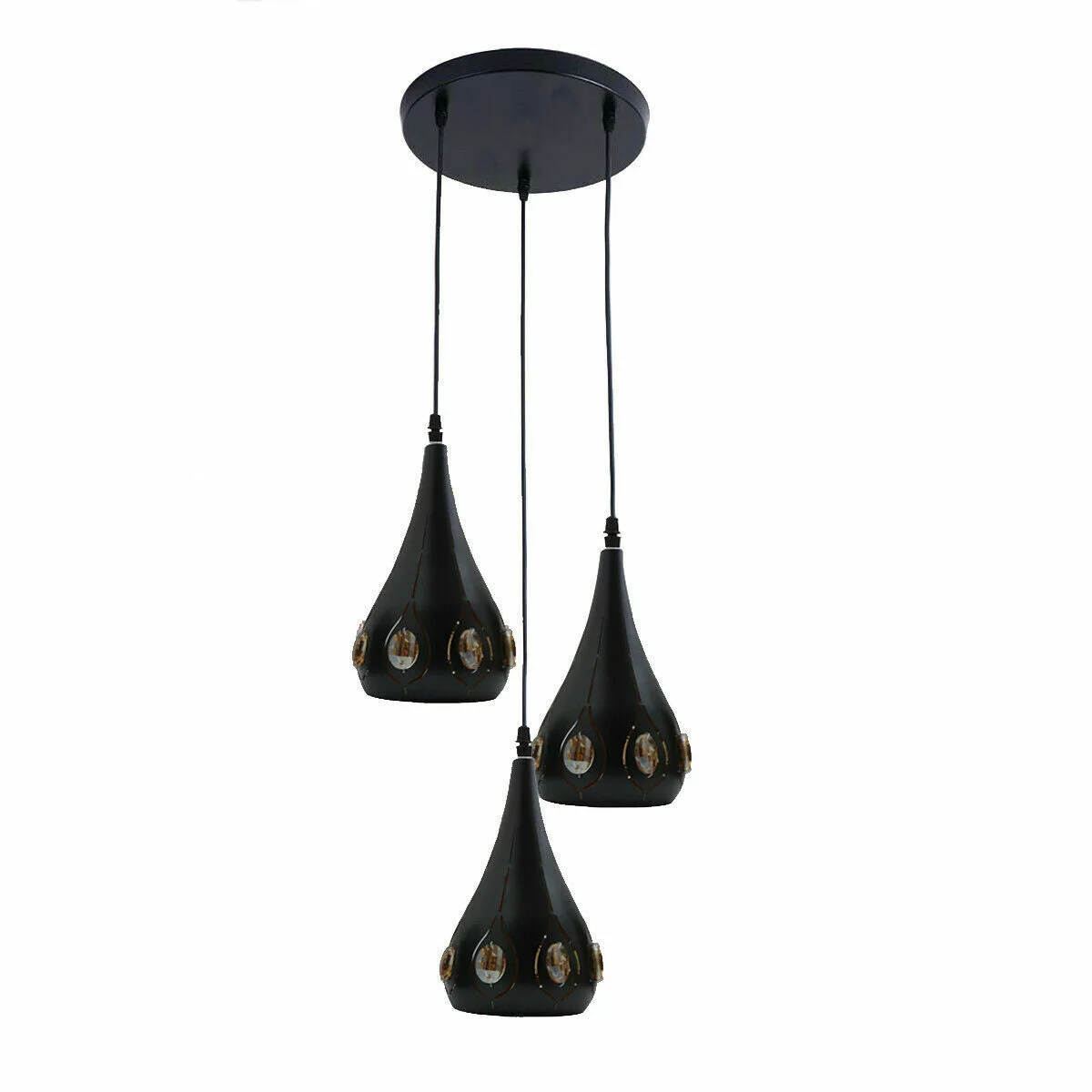 Three matt black industrial cage pendant lights with E27 bulbs hanging from adjustable cables against a white background