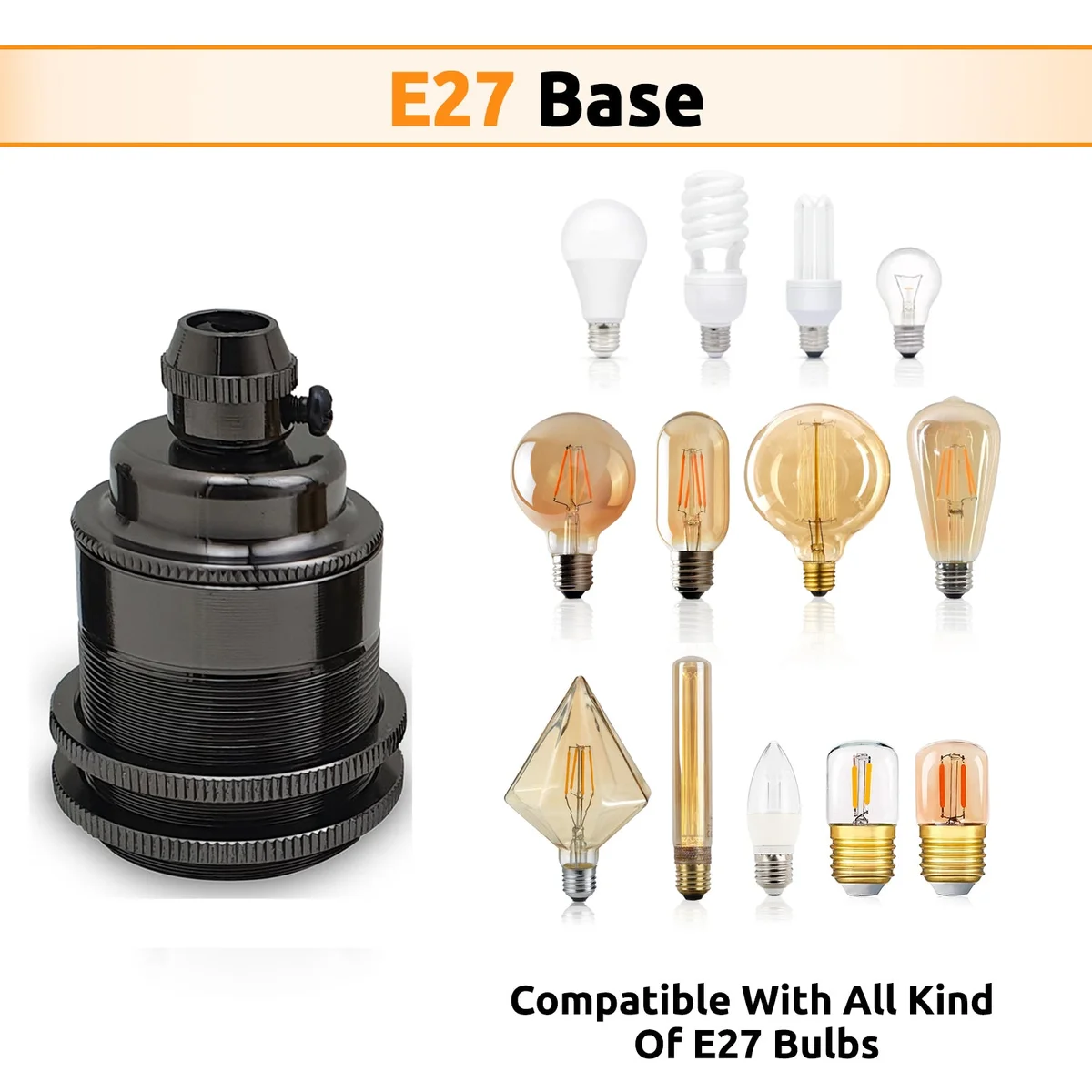 Black metal E27 Edison screw socket bulb holder for pendant lights with vintage style and screw cap design