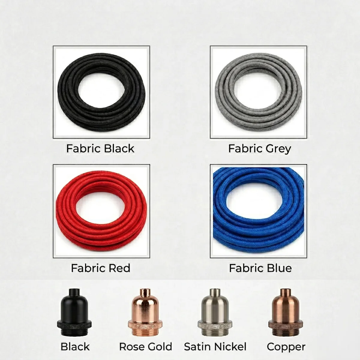 Dimmable pendant lamp kit with braided fabric flex, E27 metal holder, and inline dimmer switch on white background