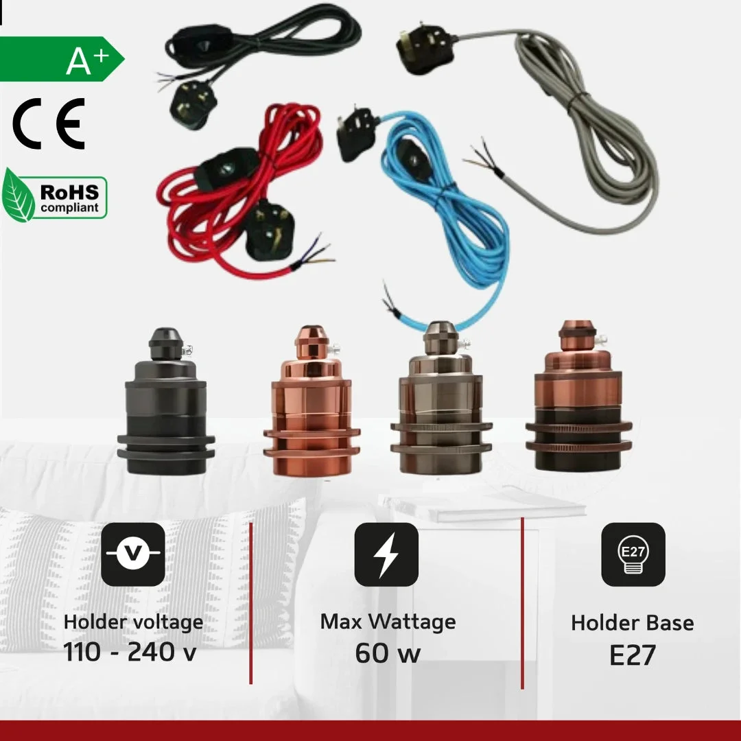 Braided fabric flex lamp with E27 metal holder and inline dimmer switch, shown coiled with plug for DIY pendant lighting