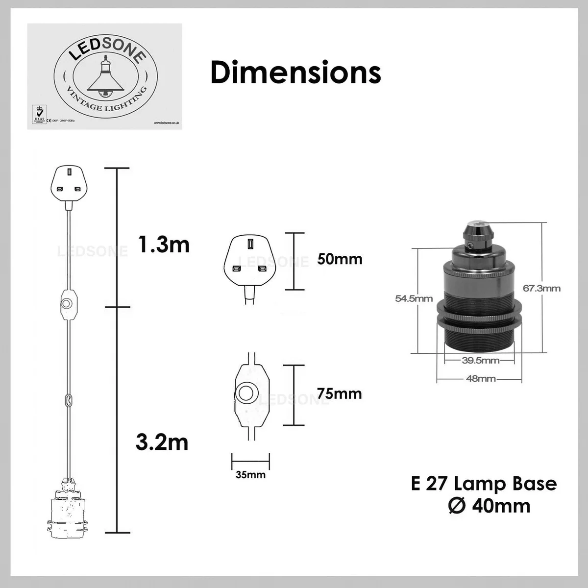 Plug in pendant lamp kit showing braided fabric flex with E27 metal holder and built-in dimmer switch on wooden table