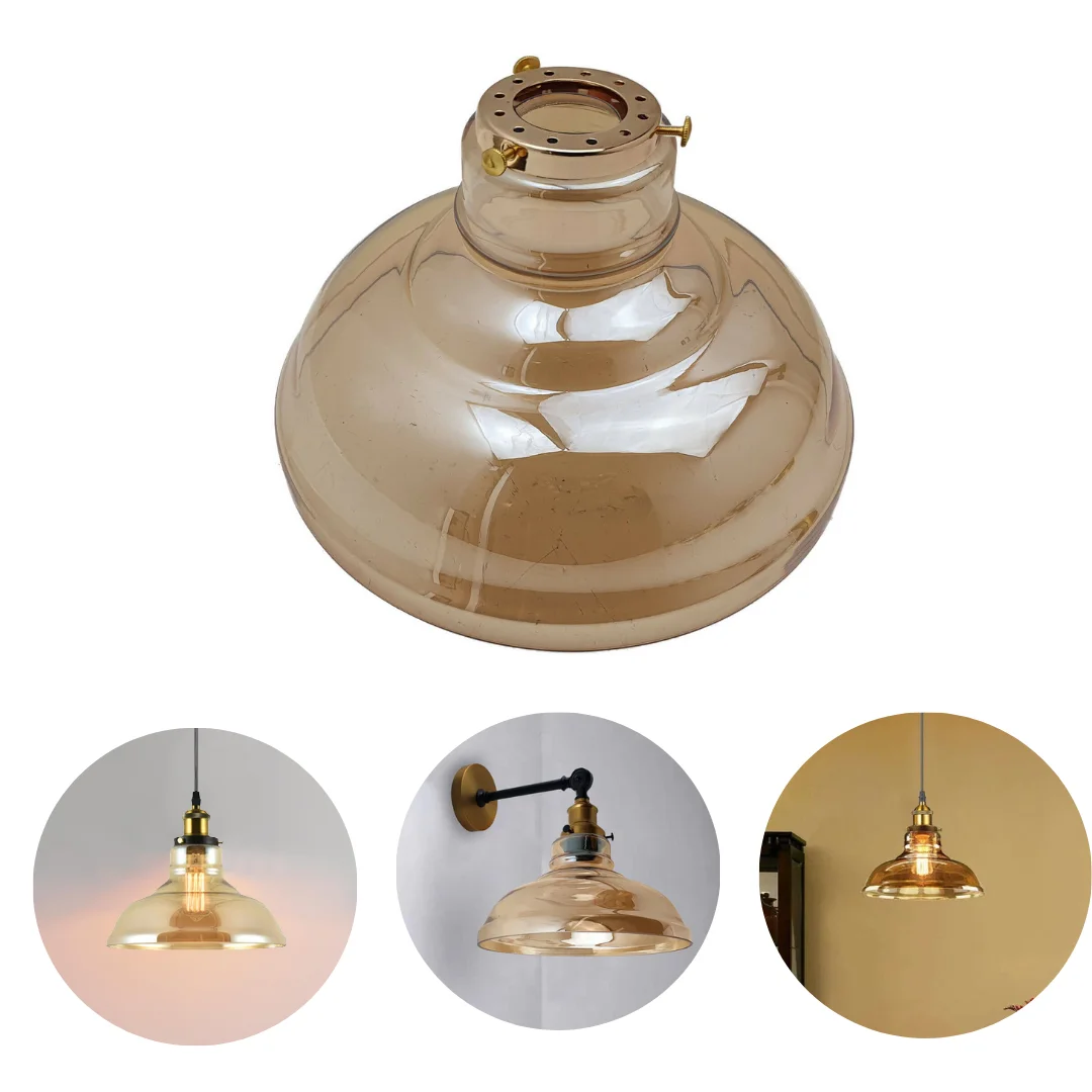 Vintage pendant lampshade in amber glass, bowl shape, 28cm height, 15.4cm width, 4cm cap.
