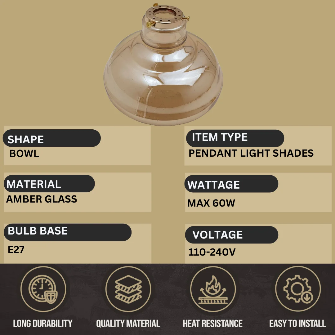 Retro glass ceiling shade, amber glass bowl style, 60W lamp with E27 base.