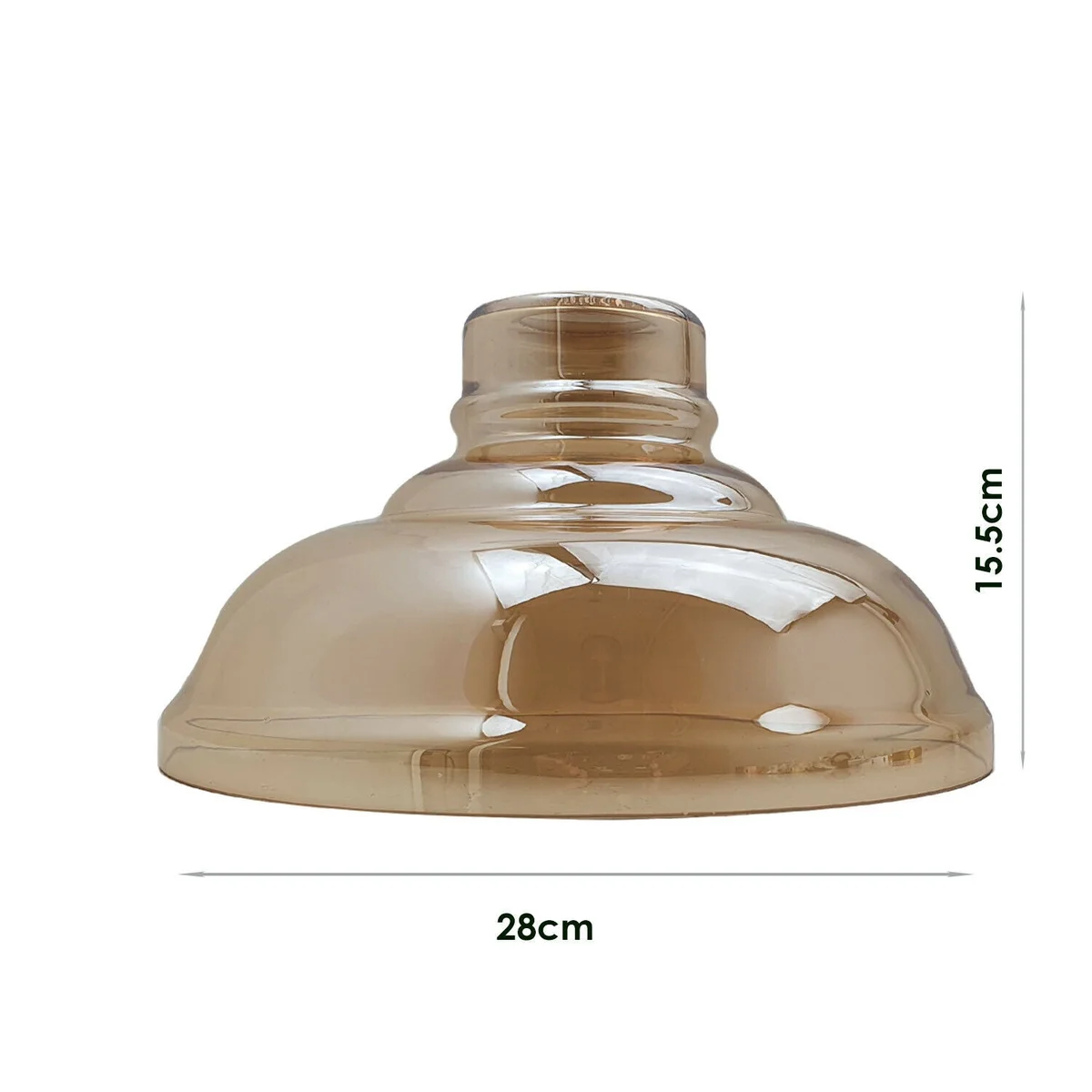 Amber glass bowl shape pendant shade, 28cm tall, 15.4cm wide, hanging above a ceiling.