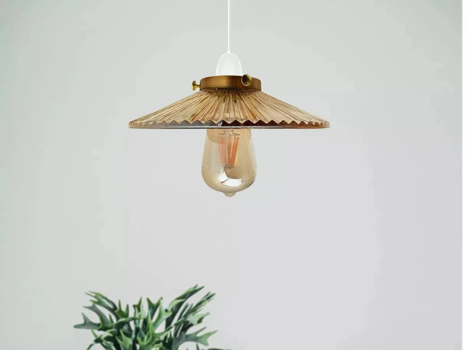 Amber glass pendant light with industrial style flat pattern lampshade, 21cm high, metal fitting, no wiring needed
