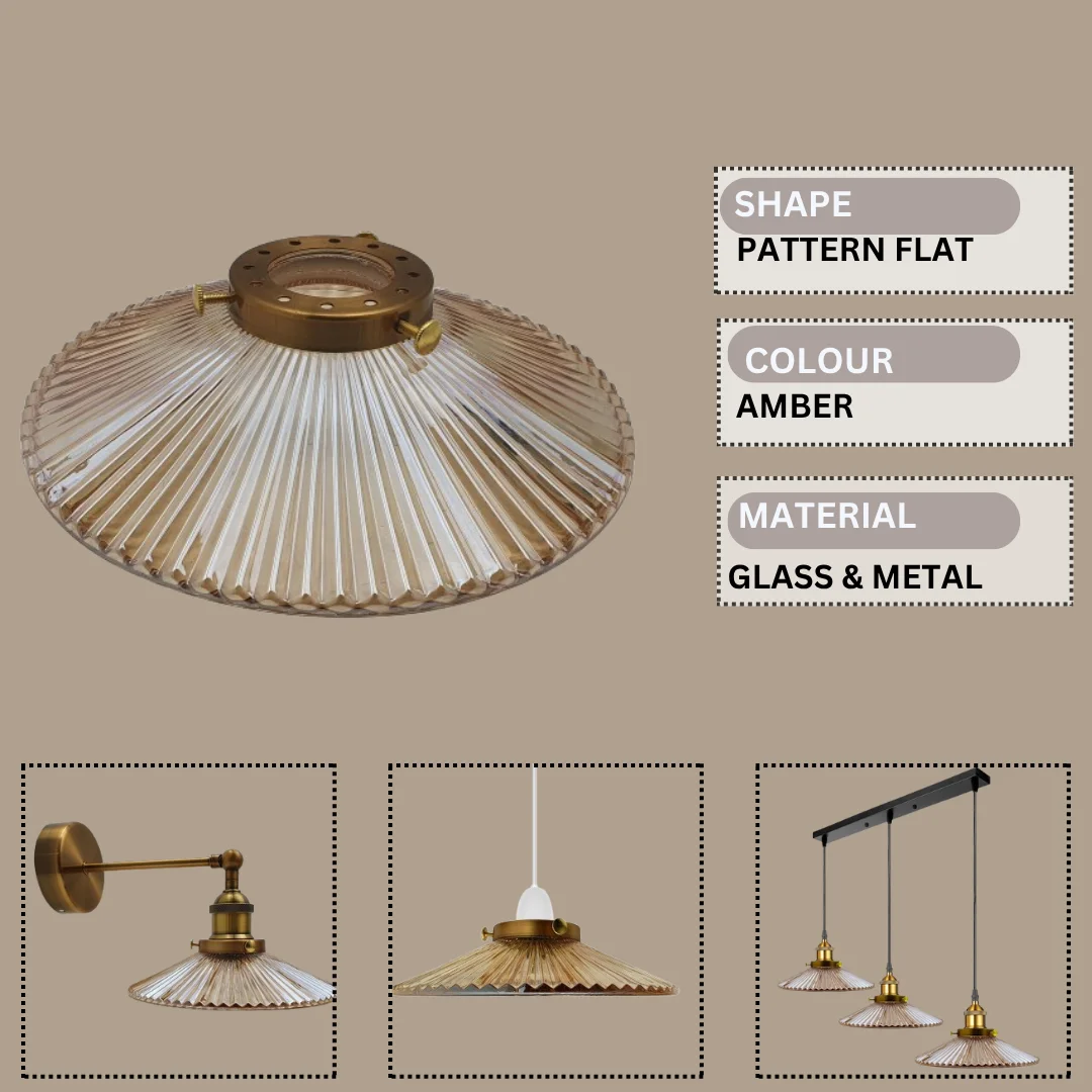 Amber glass industrial style lampshade with flat pattern, metal fitting, 21cm height, designed for ceiling pendant light