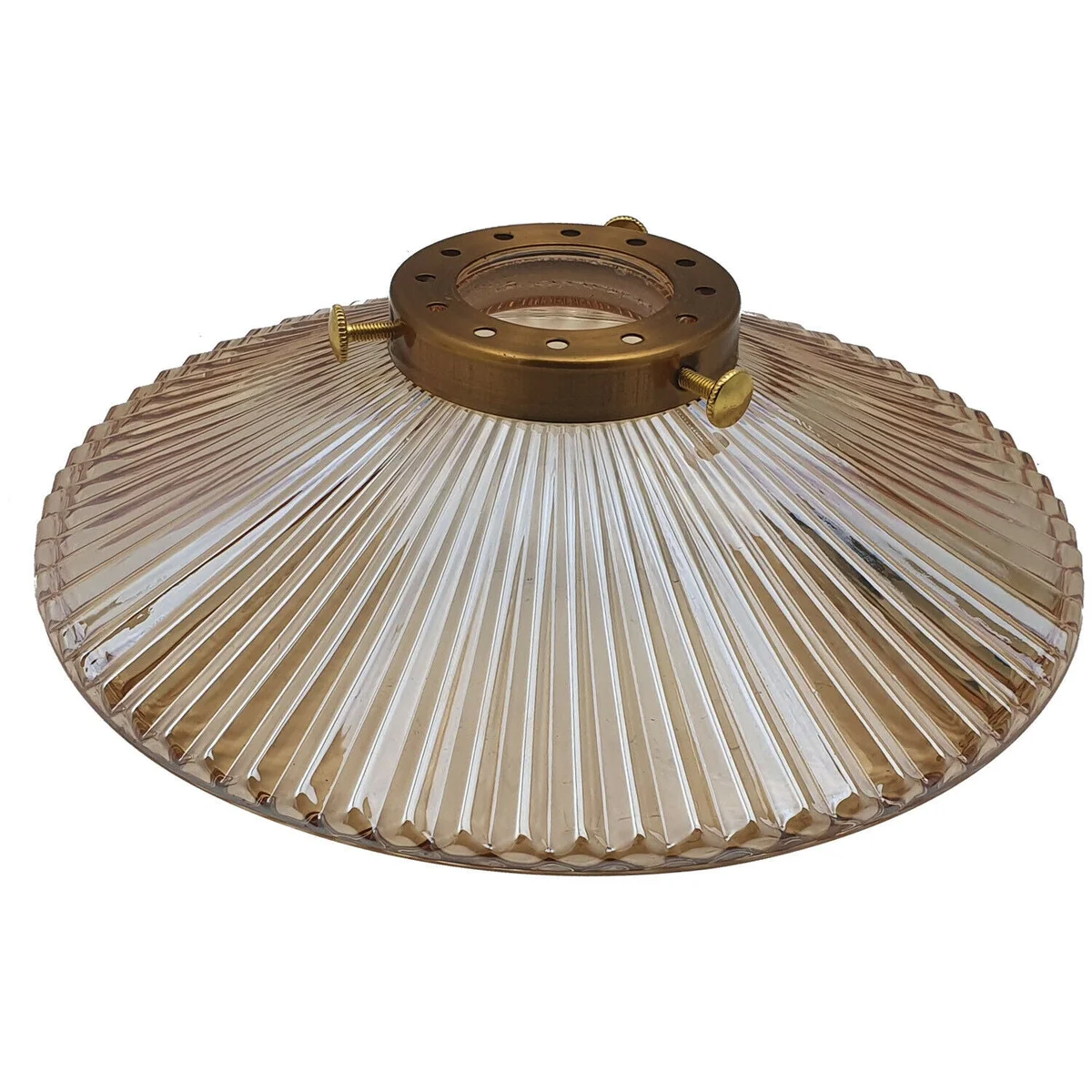 Amber glass pattern flat lampshade with industrial style, metal fittings, 21cm height, shown against white background