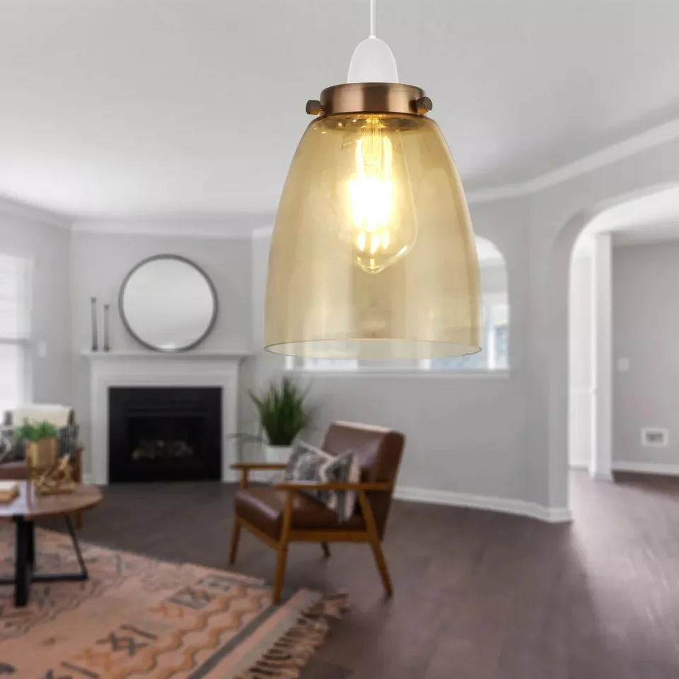Vintage ceiling pendant with amber bell-shaped glass lampshade, retro style, suitable for living rooms and cafes