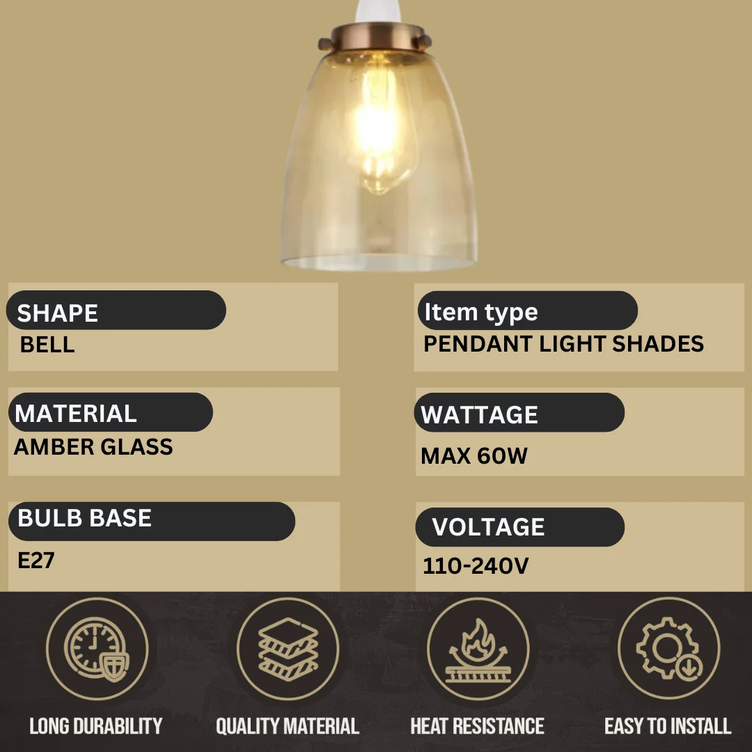 Amber bell-shaped retro glass lampshade ceiling pendant light with vintage style, 16.3cm high and 13.5cm wide