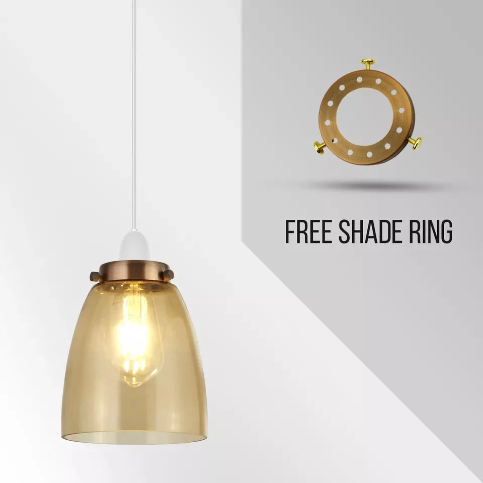 Vintage amber glass bell-shaped ceiling pendant light with E27 bulb pendant light fitting, 16.3cm height, 13.5cm width