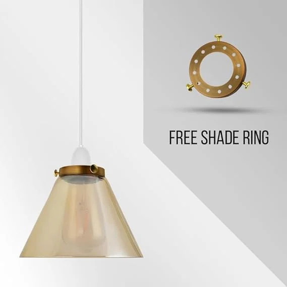 Vintage amber easy fit glass lampshade with bowl shape and E27 fitting, glowing warmly in a cozy indoor setting