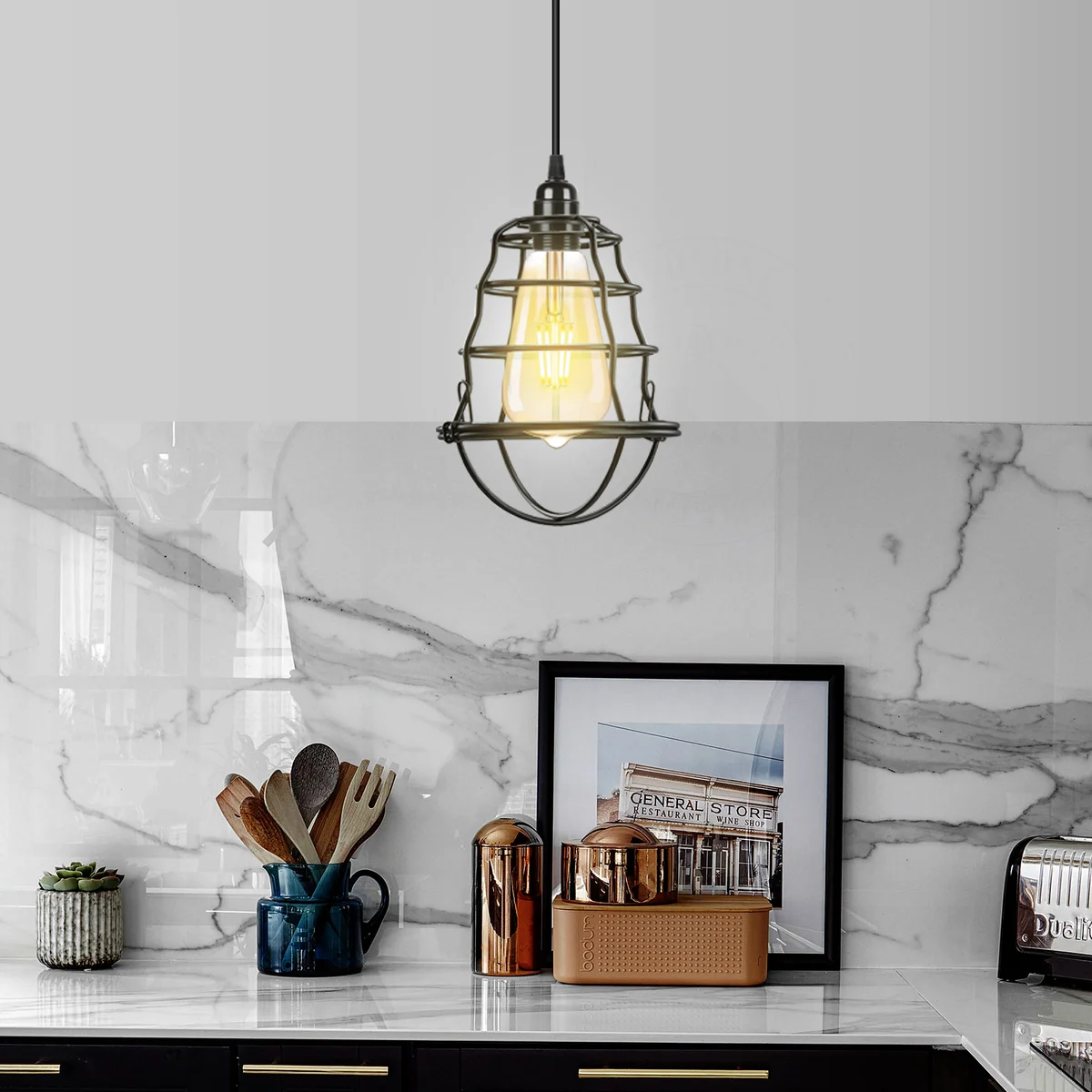 Black modern wire cage lampshade with retro iron wire frame, suitable for ceiling or pendant lighting in industrial style rooms