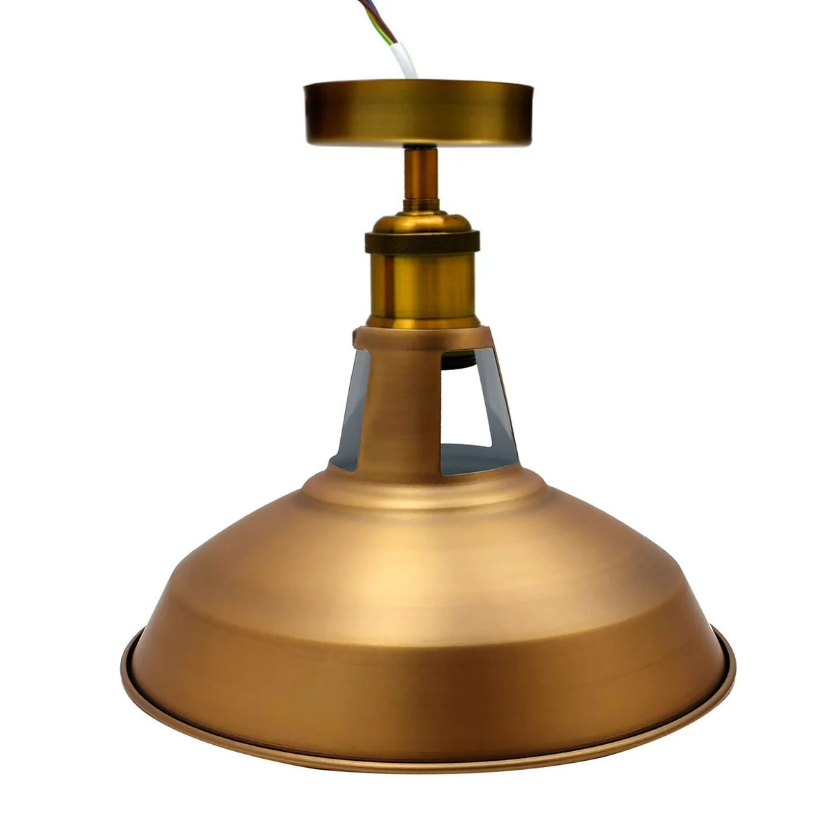 Modern yellow brass ceiling light with brushed metal finish and single E27 bulb holder semi flush fitting design