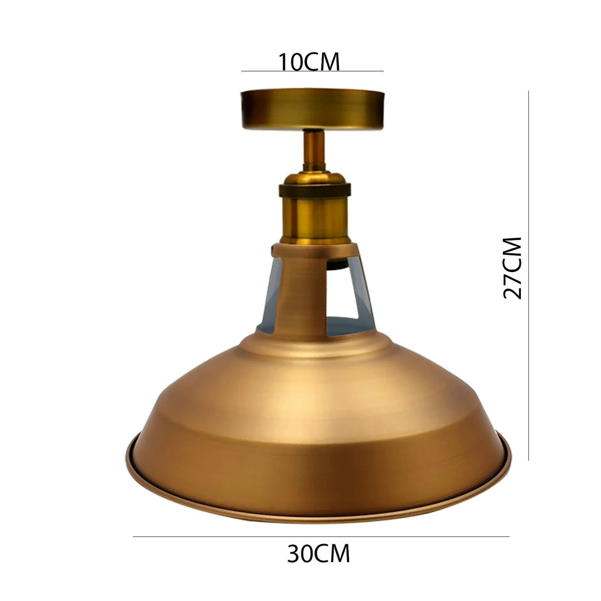 Modern semi flush fitting ceiling light in brushed yellow brass metal with a single E27 bulb holder and round shade
