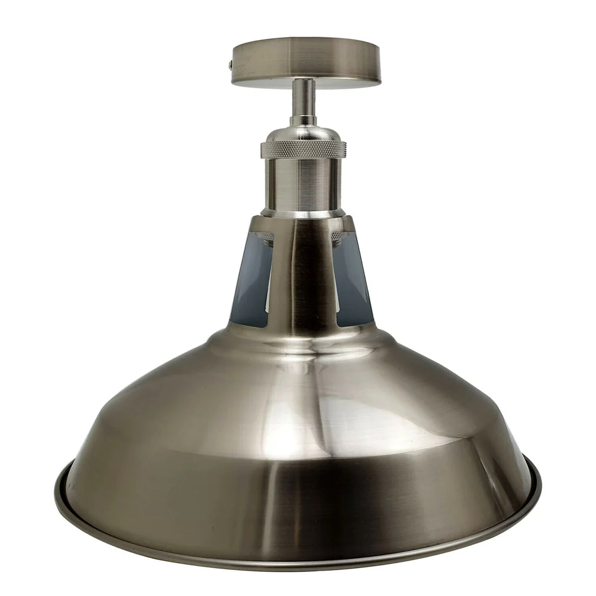 Modern satin nickel ceiling light with brushed metal finish and single E27 bulb holder in semi-flush design