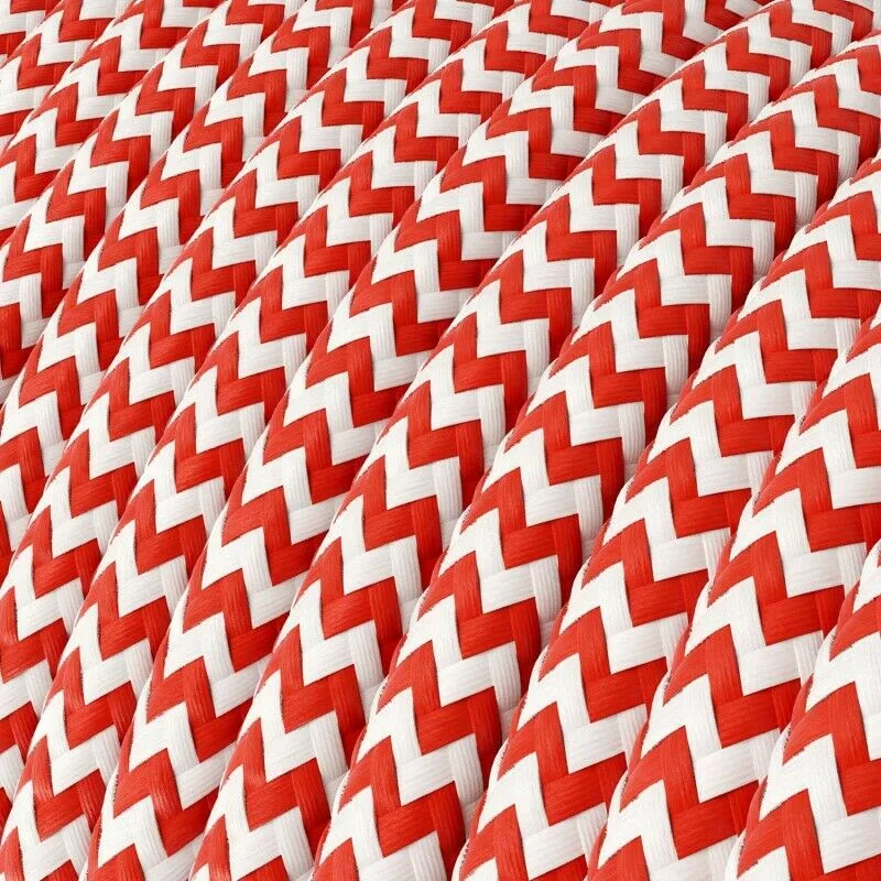 Coiled red and white braided vintage lighting cable showing fabric texture and flexible design for indoor use