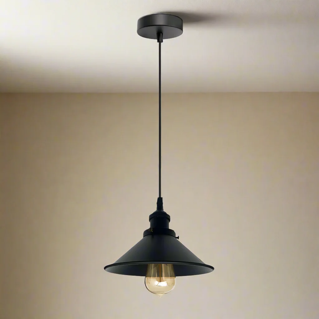 Black metal industrial pendant light with retro cage design, vintage style, and adjustable 90cm cable hanging fixture