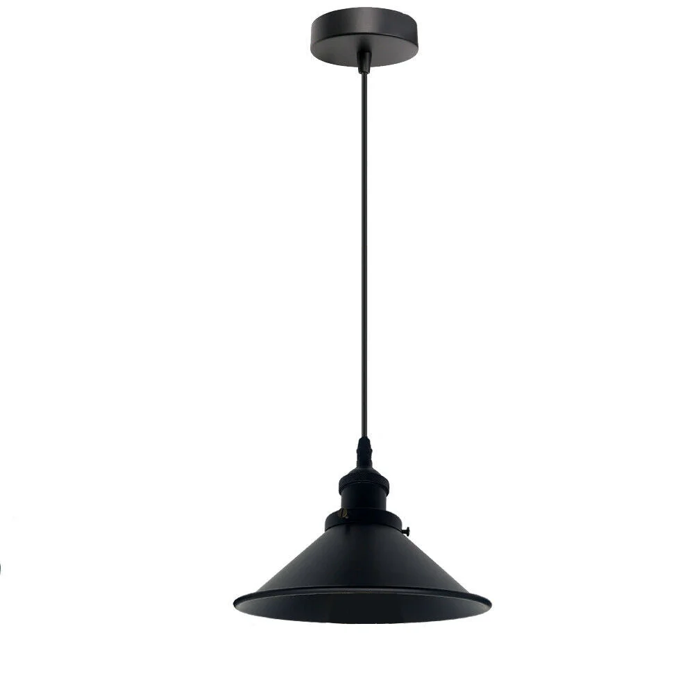 Black retro industrial pendant light with metal cage lampshade, antique finish, hanging from 95cm cable indoors