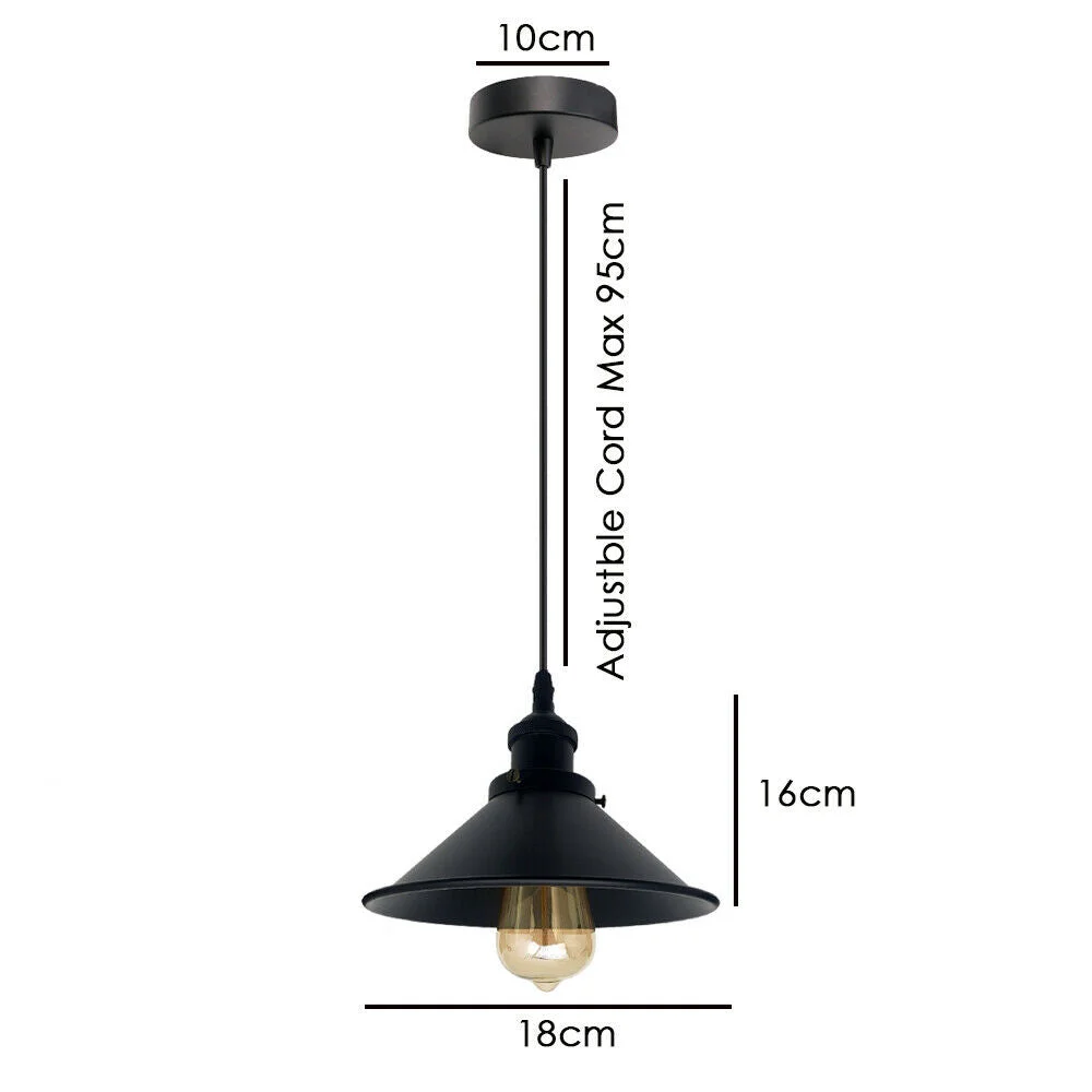 Black retro industrial metal pendant light shade with cage design hanging from ceiling cable in a room setting