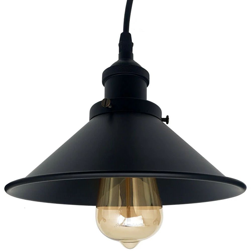 Black industrial metal cage pendant light with E27 bulb socket, hanging against a white background, 95cm cable length
