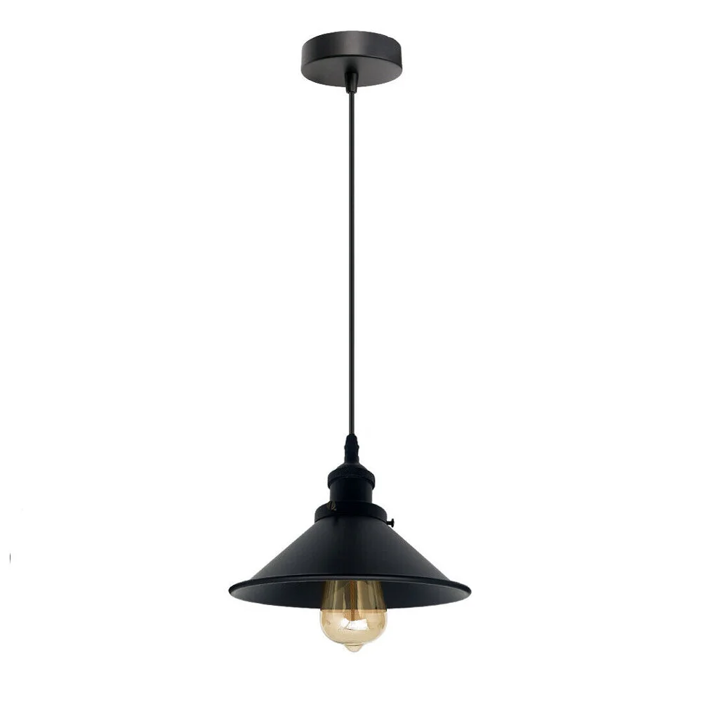Black retro industrial adjustable cable pendant light with metal cage shade and 95cm cable hanging against white background