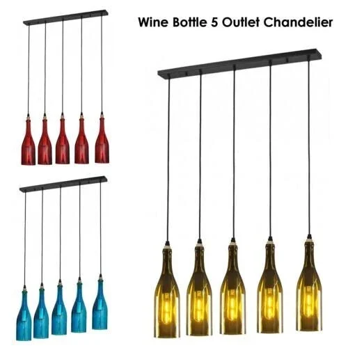 Five-head industrial pendant light with red wine bottle-shaped glass shades hanging from ceiling plate