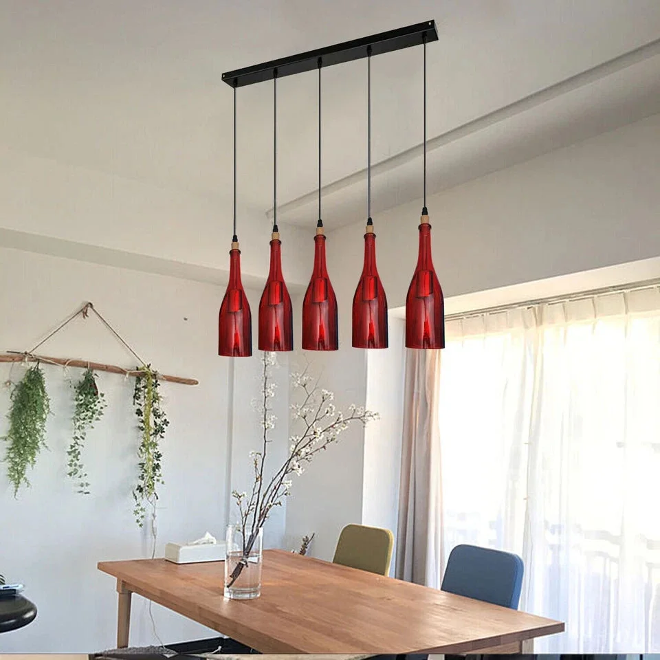 Five-head industrial retro wine bottle pendant light with red glass shades hanging from ceiling plate