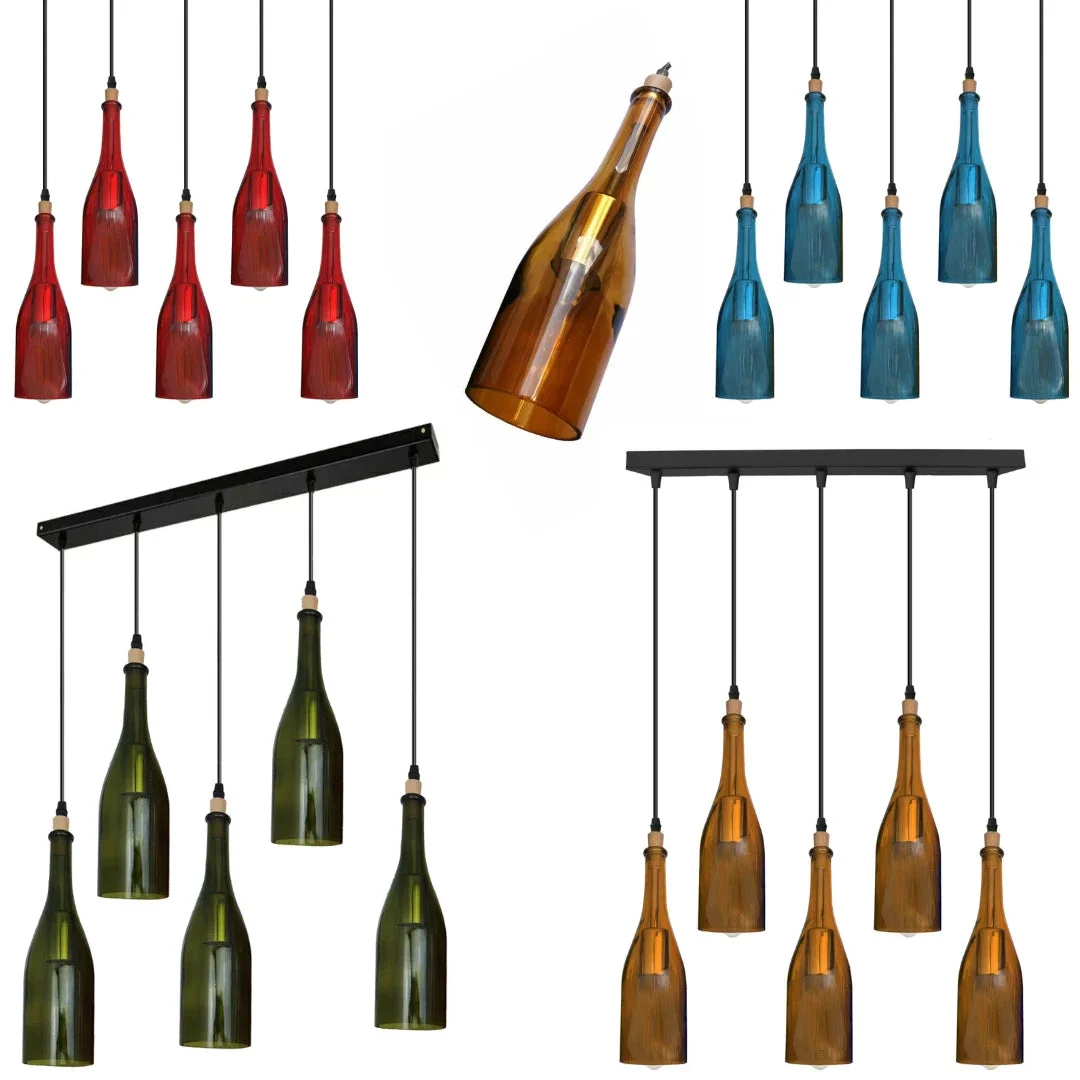 Five-head industrial retro cluster ceiling light with red wine bottle-shaped glass shades hanging from ceiling plate