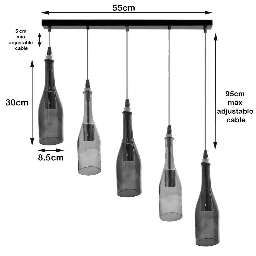 Five-head retro pendant lamp with red wine bottle glass shades hanging from ceiling, industrial vintage style lighting