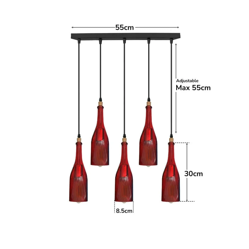 Five-head industrial retro wine bottle cluster pendant light with green glass shades and E27 bulb pendant sockets