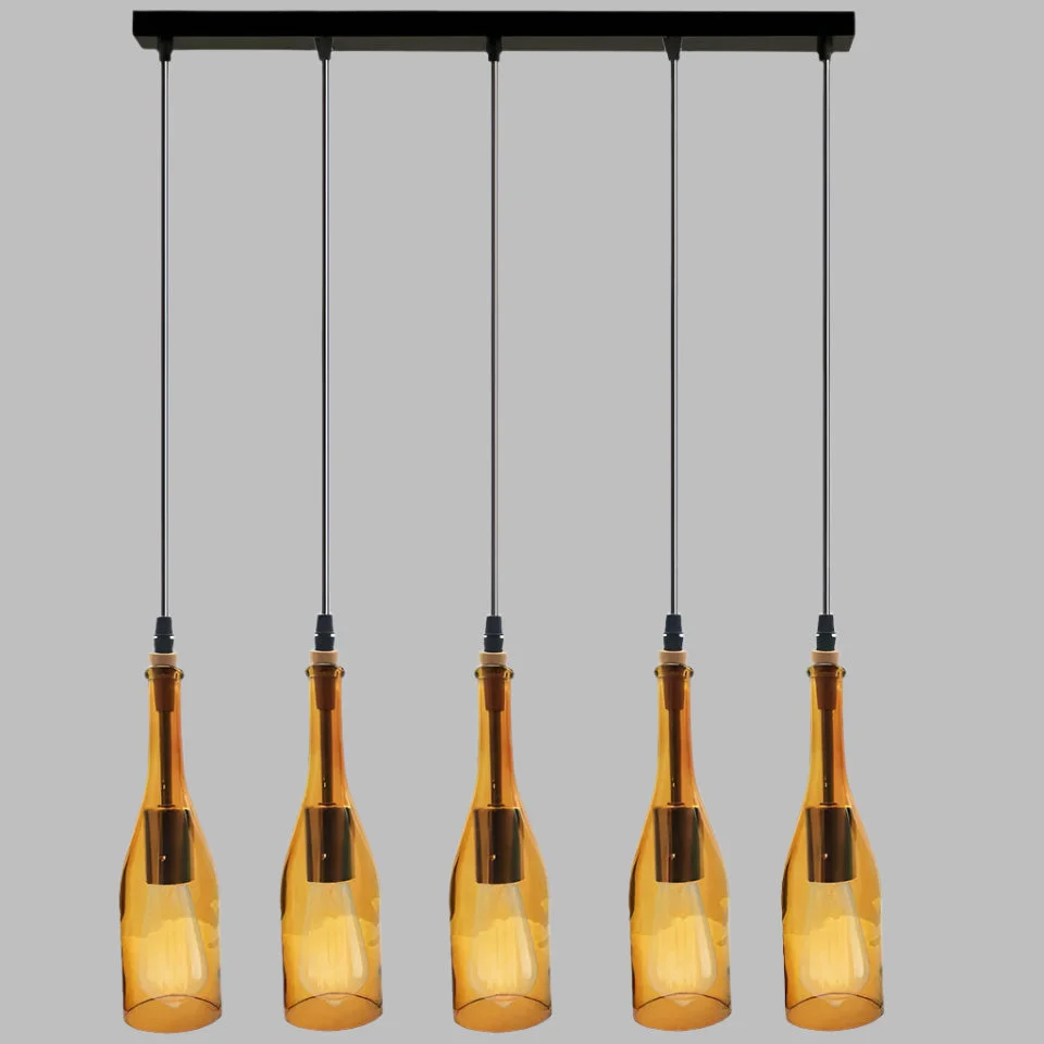 Five-head industrial pendant light with red wine bottle glass shades hanging from ceiling, vintage retro style cluster design