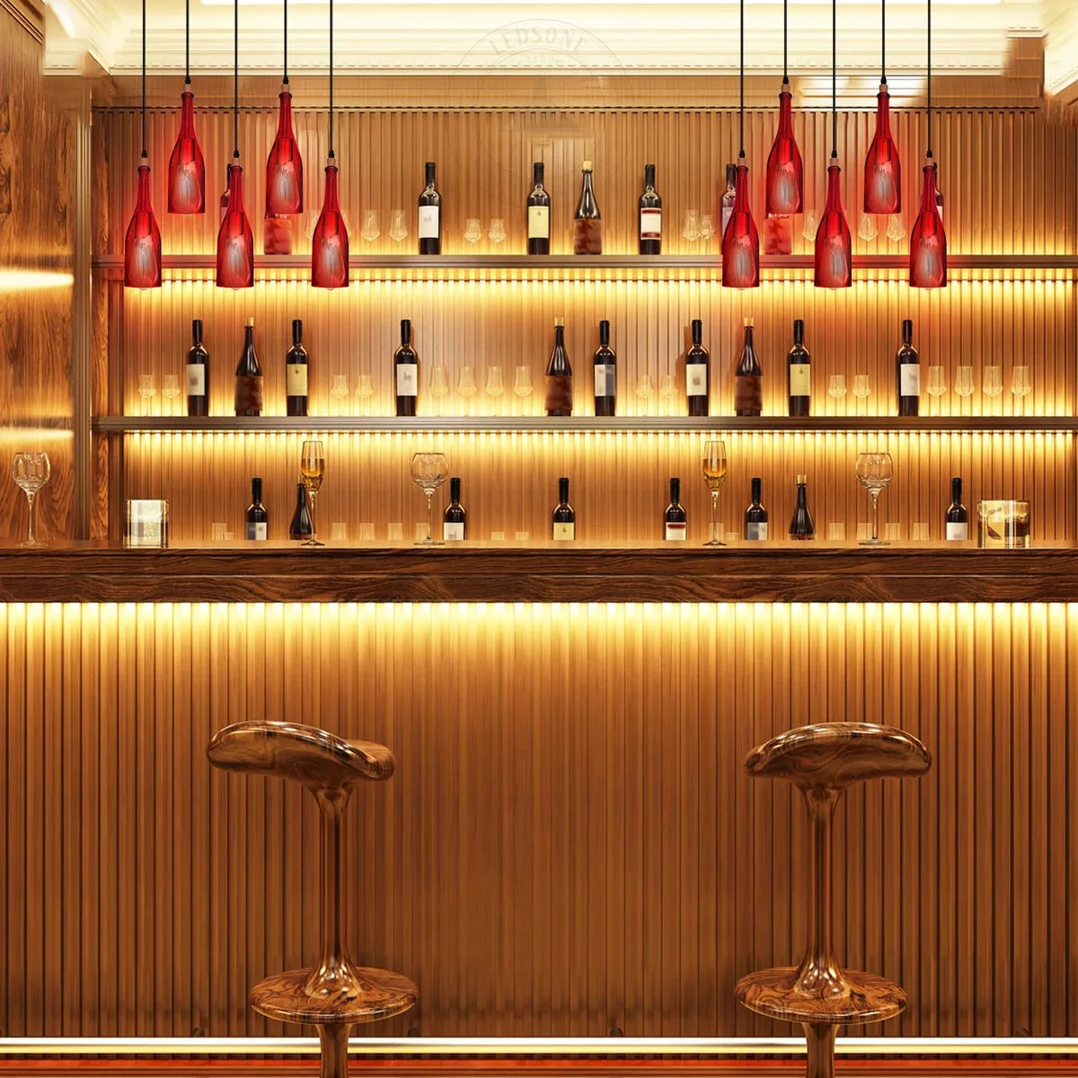 Five-head industrial pendant light with red wine bottle-shaped glass shades hanging from ceiling plate