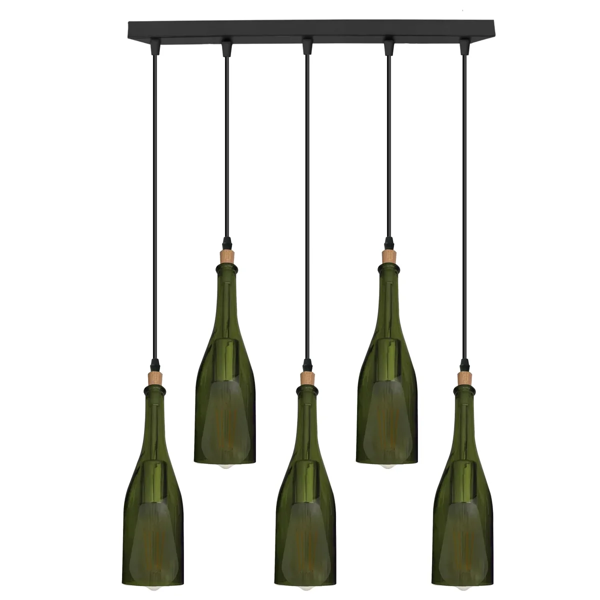 Five-head industrial pendant light with red wine bottle-shaped glass shades hanging from ceiling mount