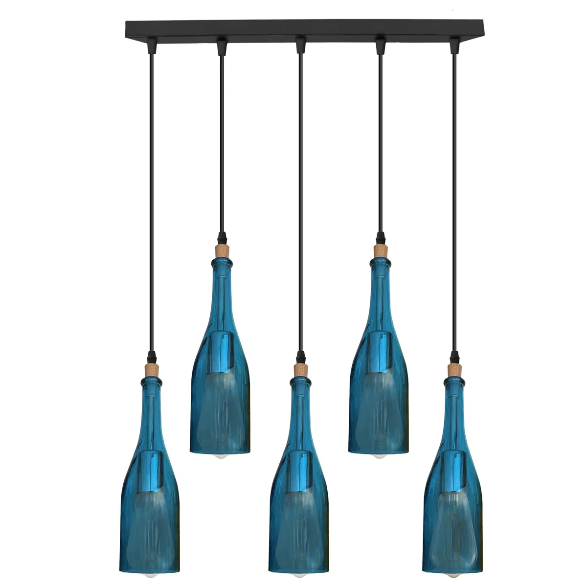 Five-head industrial pendant light with red wine bottle glass shades hanging from ceiling, vintage retro style