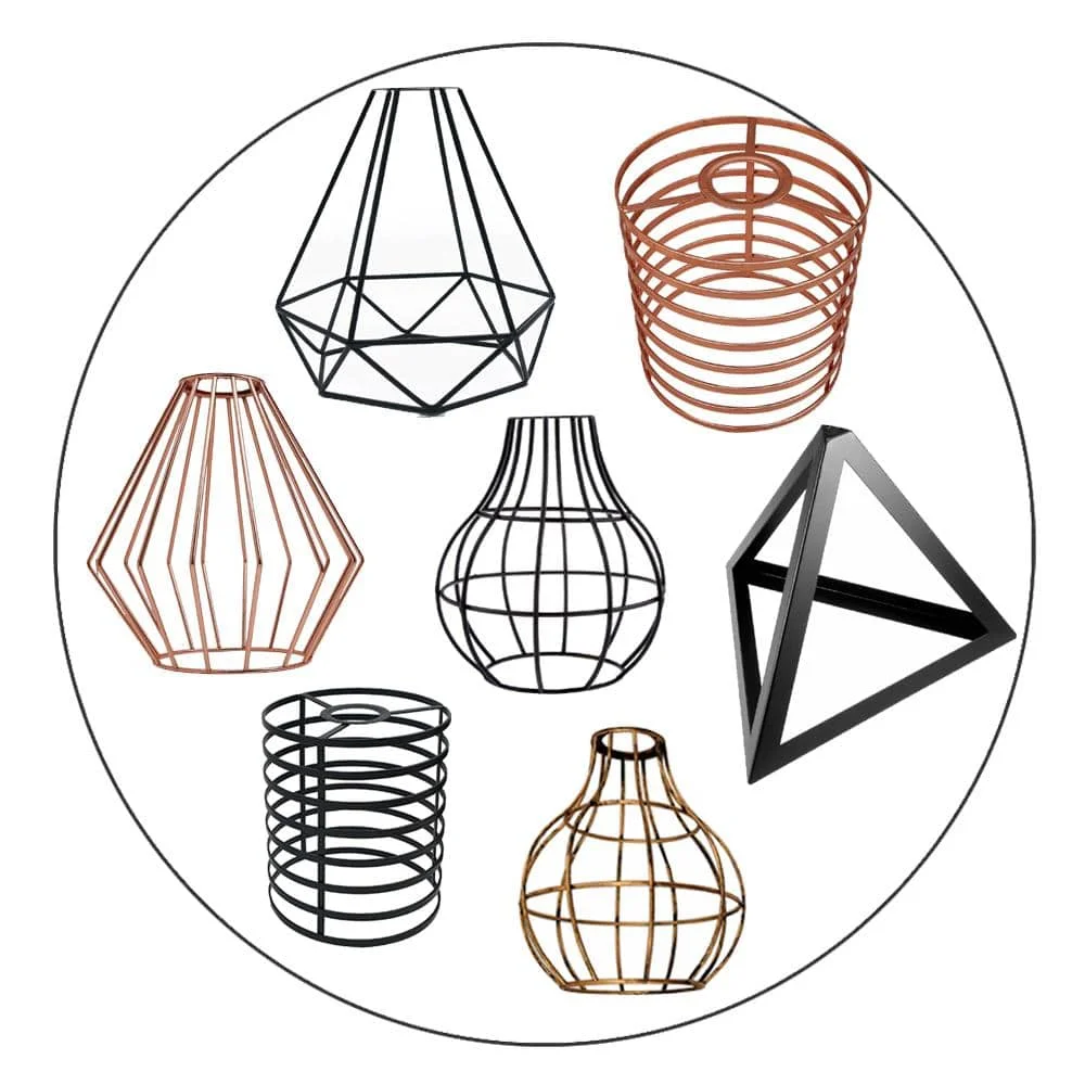 Black metal industrial E27 bulb light shade with open cage design, shown installed on ceiling indoors