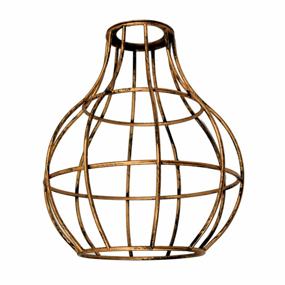 Black metal cage light shade in industrial style with round shape, shown installed on a ceiling light fixture
