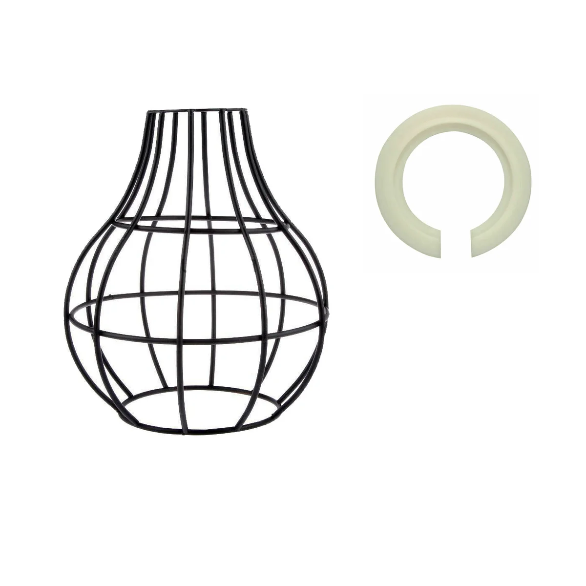 Black metal cage light shade in round shape hanging from ceiling in modern industrial style setting