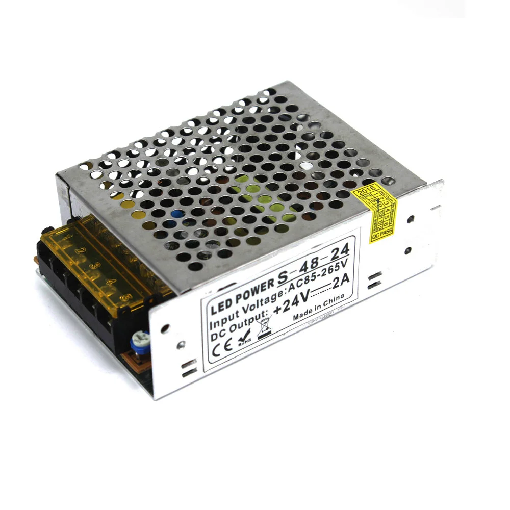 Compact 48W 24V LED power supply transformer with aluminium casing and screw terminal connections for indoor use
