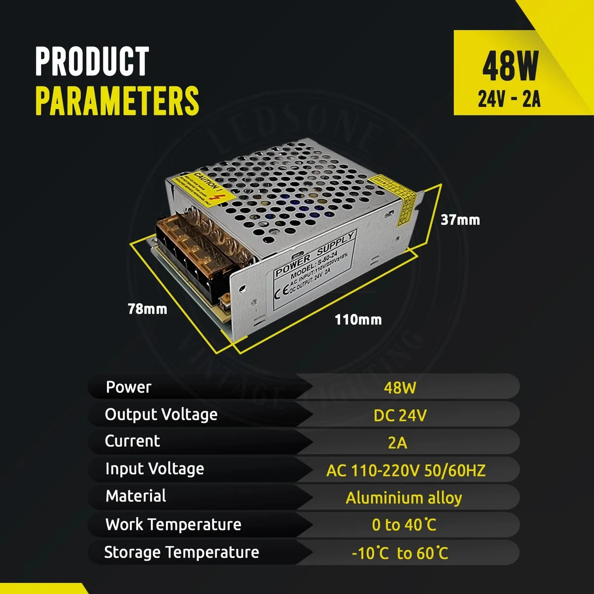 48W LED transformer with aluminium casing, screw terminals, and DC 24V output for indoor LED strip lighting