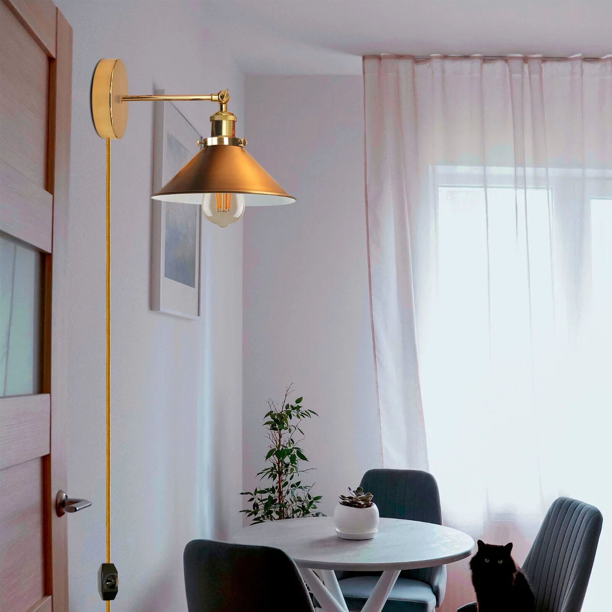 Black metal plug in wall light with cone shade, adjustable arm, and 2m cord with dimmer switch on white background