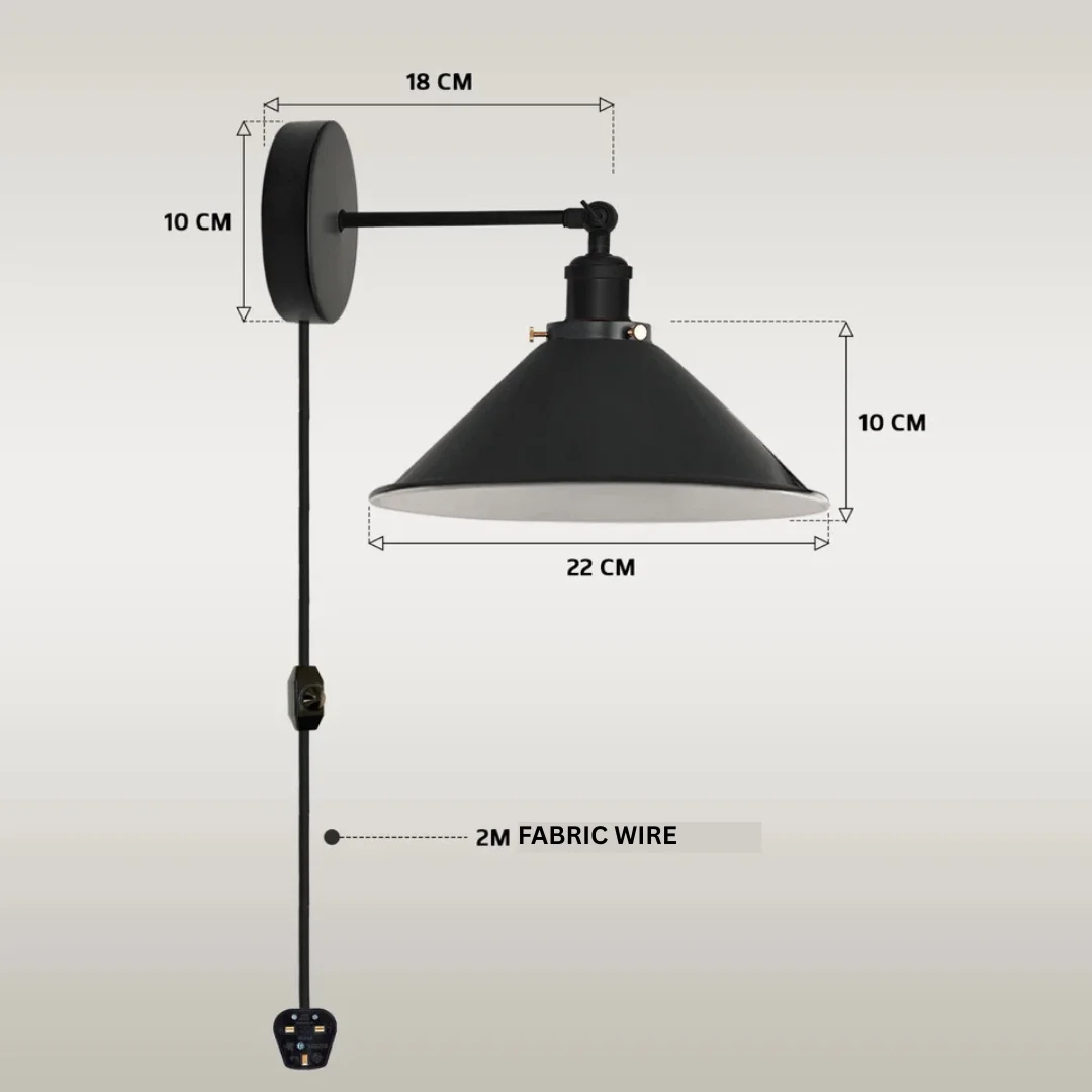 Black metal indoor wall lamp with adjustable cone shade, 2m cord, and dimmer switch mounted on white wall