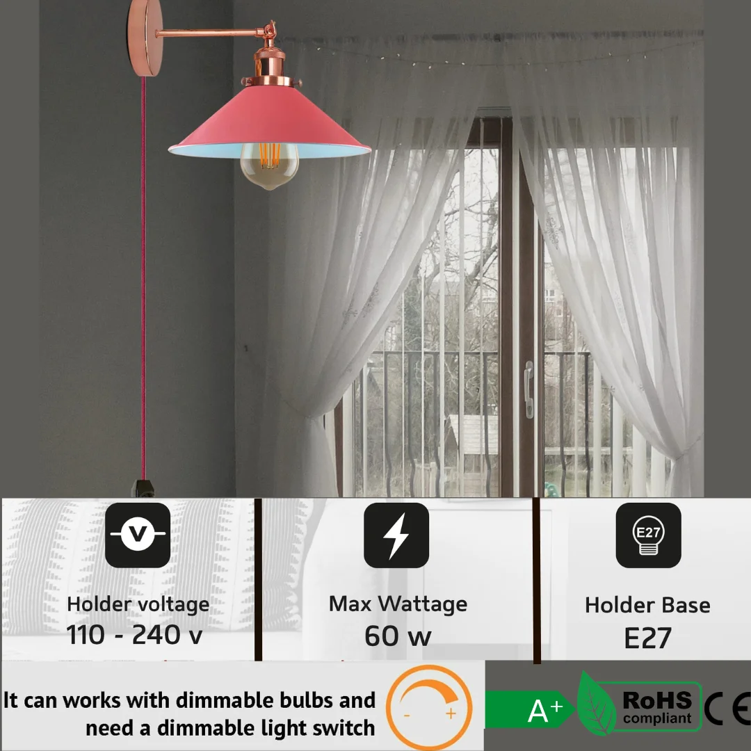 Black metal adjustable wall sconce with cone shade, 2m cord, dimmer switch, shown mounted on white wall