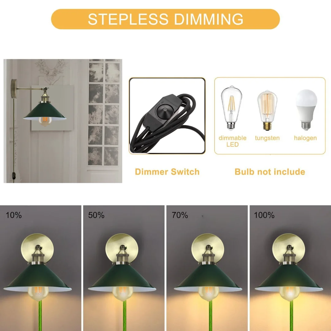 Black metal wall lamp with adjustable cone shade, 2m cord, and dimmer switch mounted on white wall