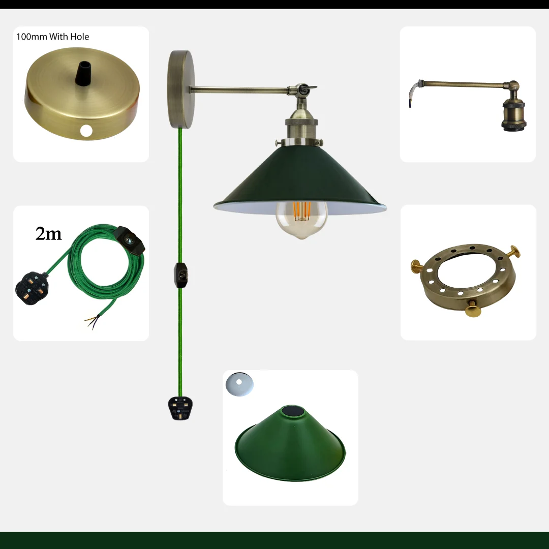 Black metal wall light with adjustable cone shade and 2m cord, featuring an E27 plug in light and dimmer switch