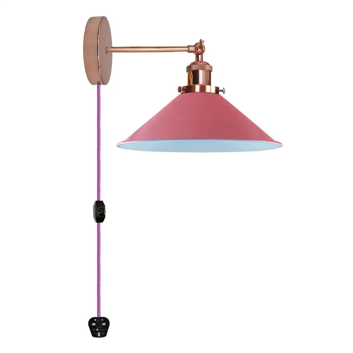 Black metal plug in wall light with conical shade, adjustable arm, and 2m cord with dimmer switch on white wall