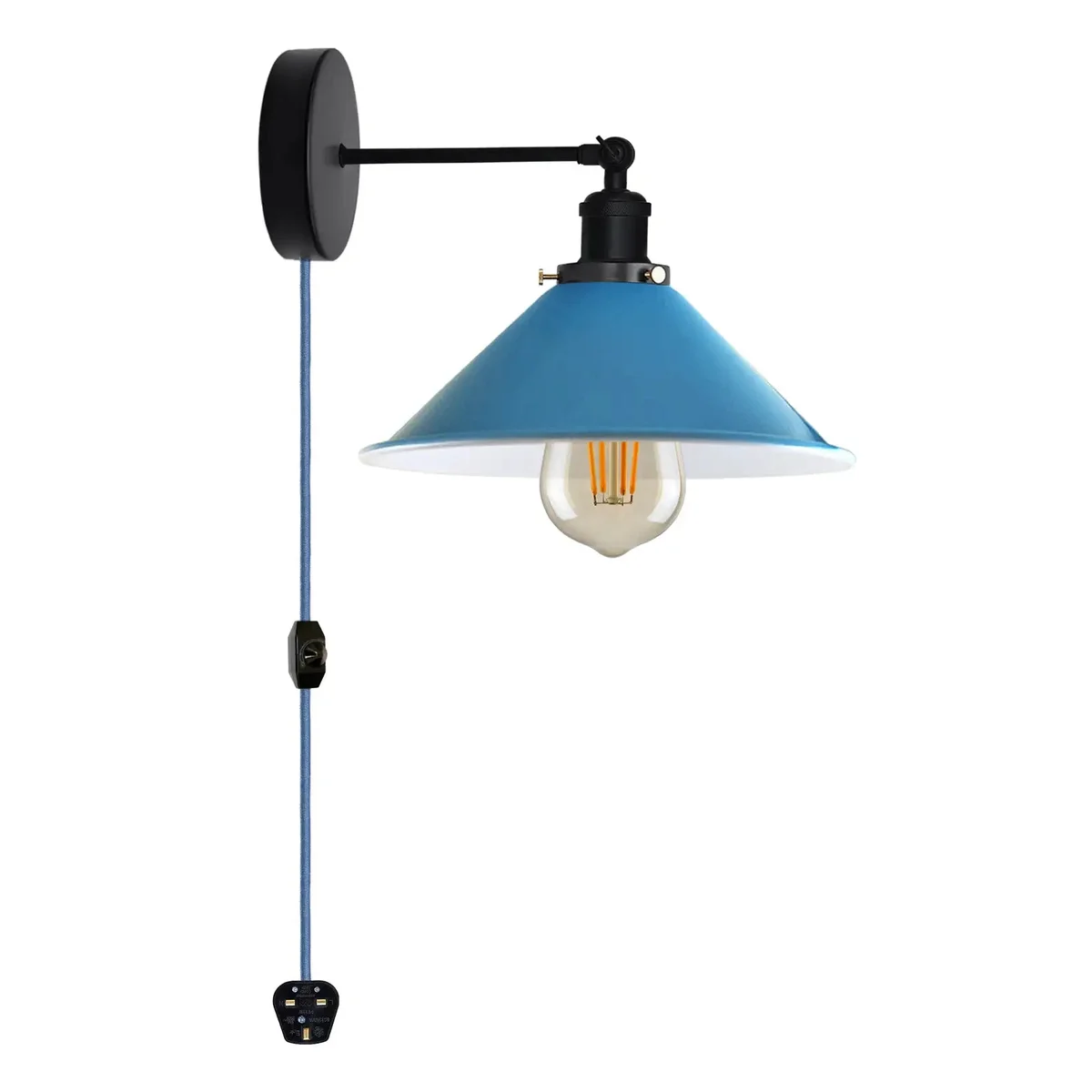 Black metal plug in wall light with cone shade, adjustable arm, and 2m cord with dimmer switch on white wall