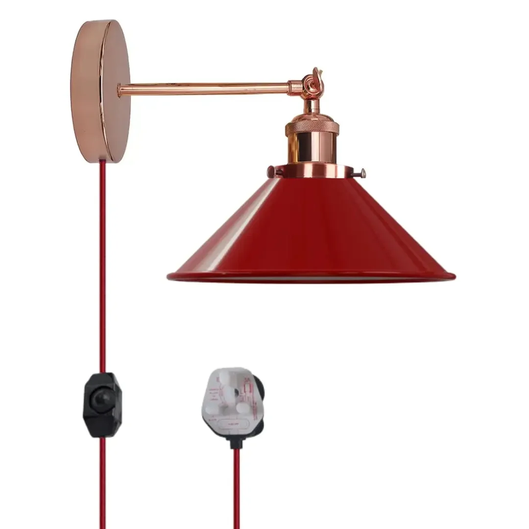 Black metal plug in wall light with adjustable cone shade and 2m cord, shown mounted indoors with dimmer switch visible