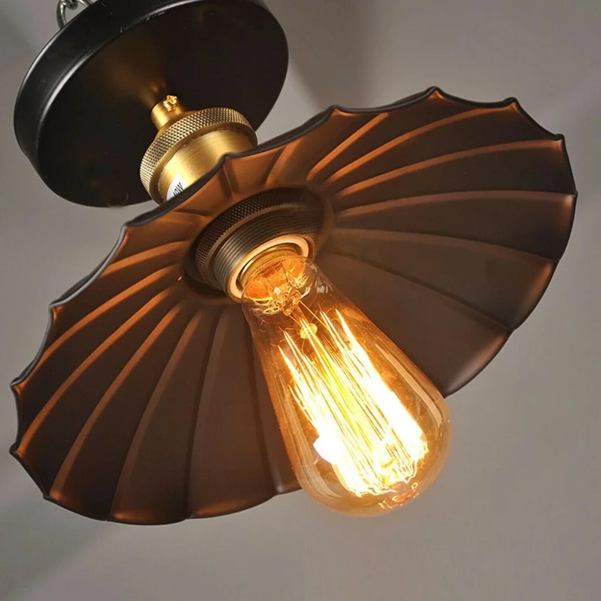 Black flush mount hanging light shade with E27 lamp base light, metal design, modern vintage industrial style ceiling fixture